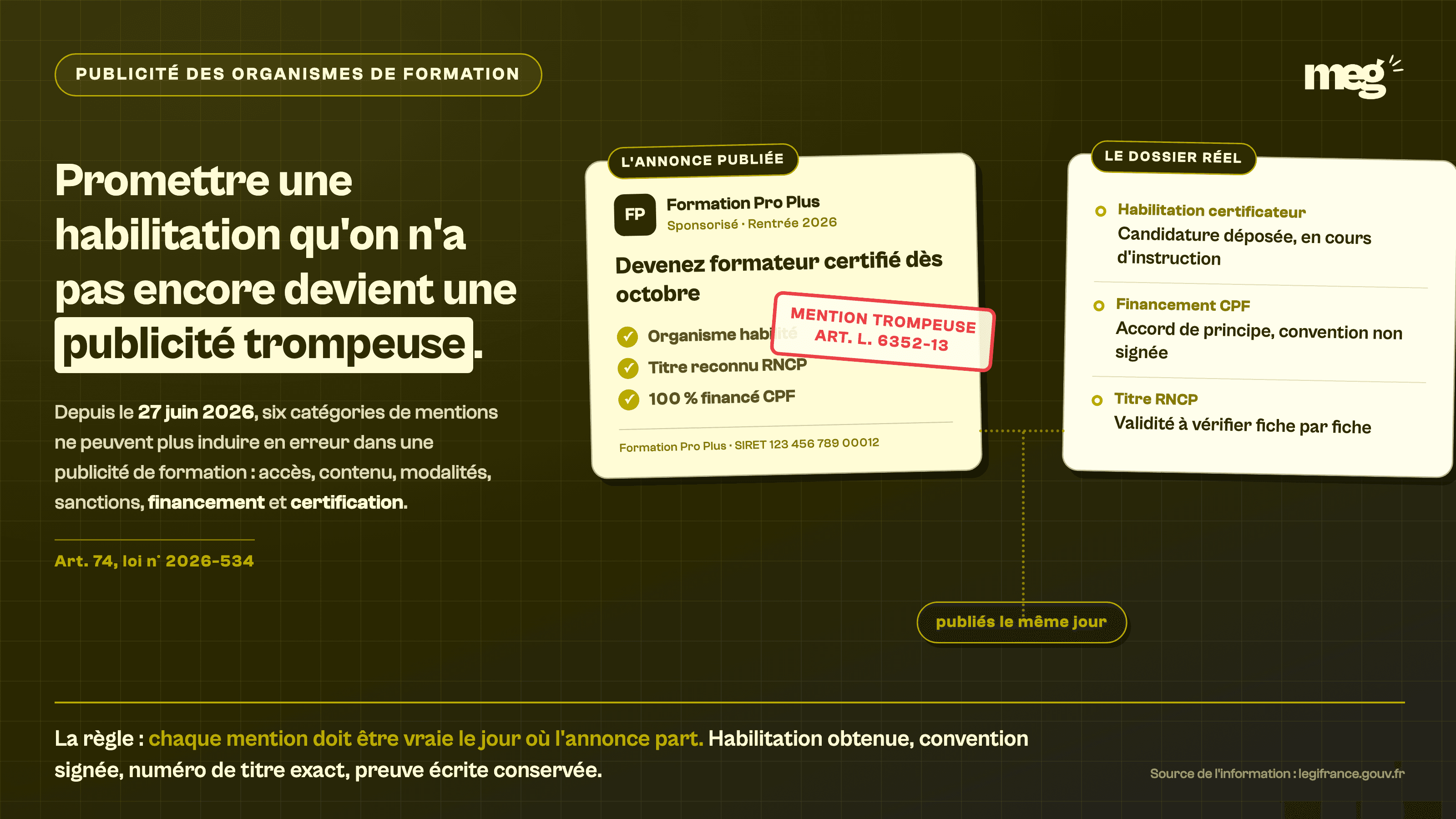Publicité organisme de formation : l'habilitation et la certification doivent rester exactes