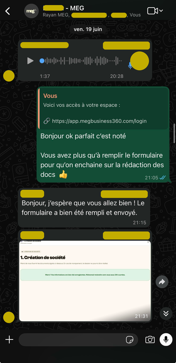 La cliente transmet son formulaire de création de société