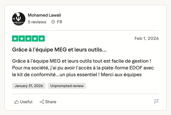 Témoignage Trustpilot 5 étoiles — de la main du client