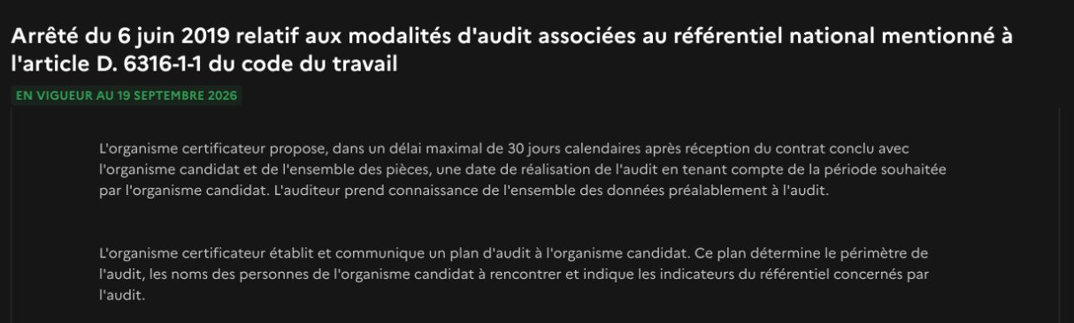 Arrêté du 6 juin 2019, article 1, sur Legifrance : la date d'audit est proposée en tenant compte de la période souhaitée et le plan d'audit est communiqué avec les noms des personnes à rencontrer