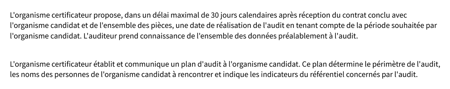 Arrêté du 6 juin 2019 : la date d'audit est proposée en tenant compte de la période souhaitée et le plan d'audit nomme les personnes à rencontrer